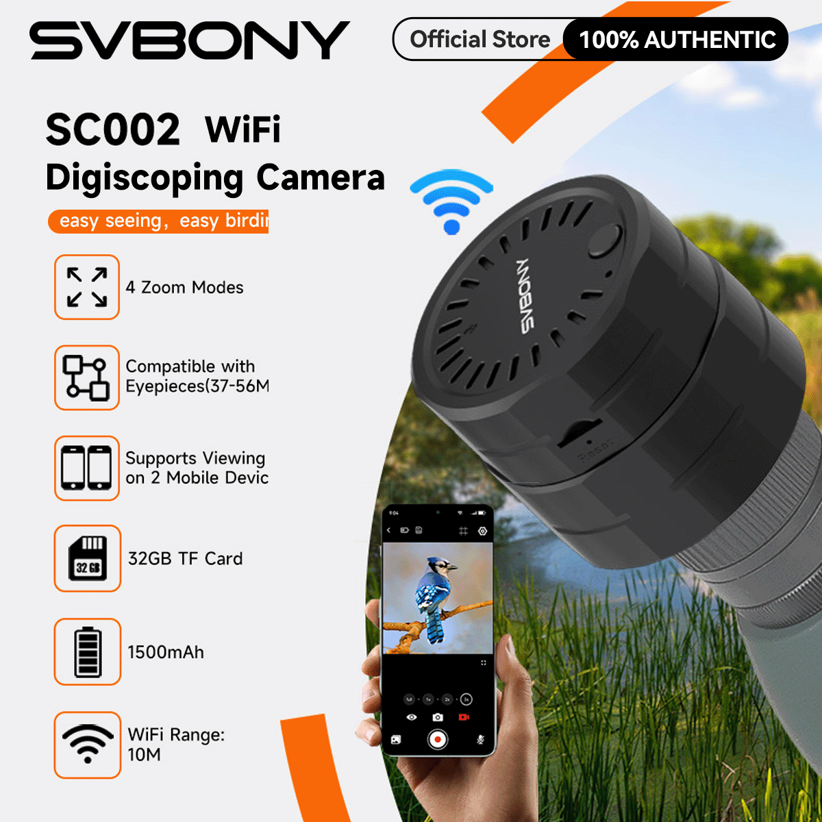 Svbony SC002 WiFi Spotting Scope Camera 3 Modes Digital Zoom 1080P HD Full Field of View and Bird Identification Compatible with SV28 Series for Birding Digiscoping