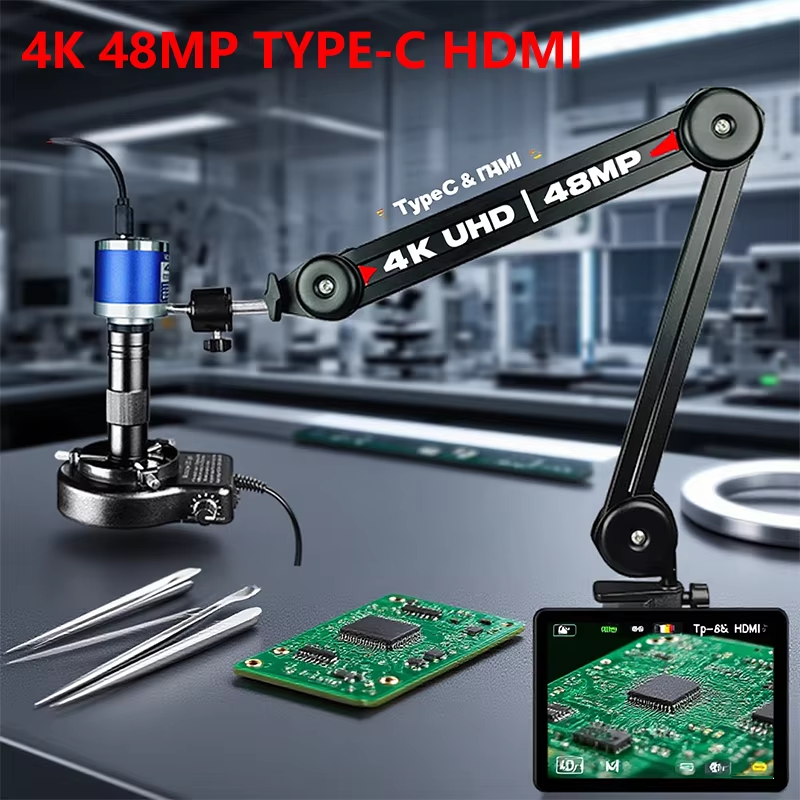 【In Stock, Ready to Ship from Thailand】4K 48Mp Microscope with HDMI and Type-C, 360 Adjustable Arm. °   0-150X Magnification for Electronic Repairs Eu/Us/Mx/Brazil Warehouse