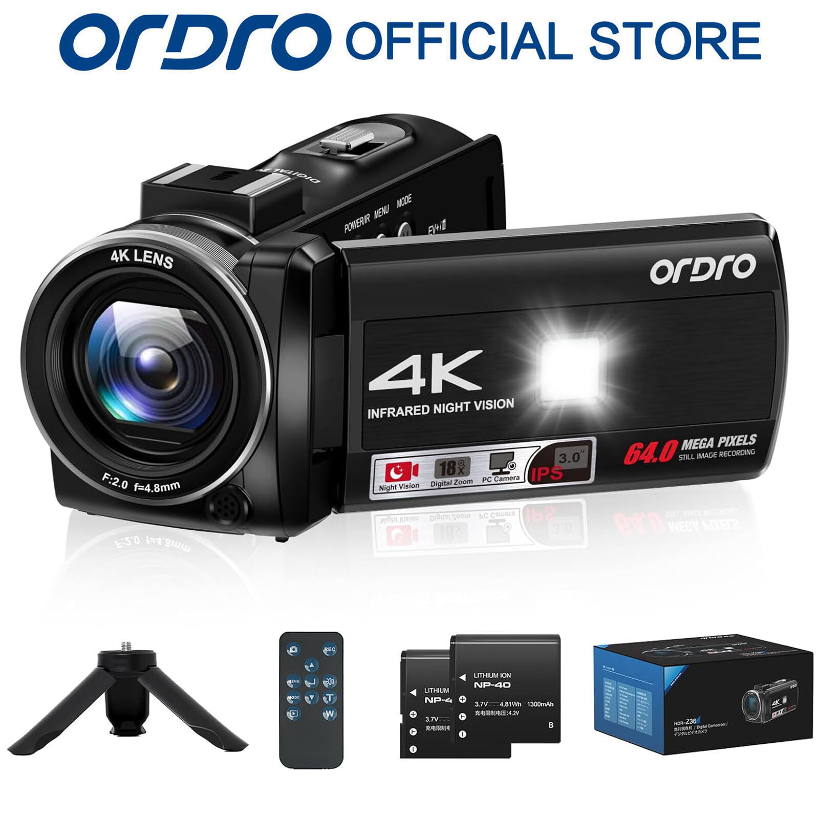 ORDRO Camcorder 4K 64MP Vlogging Camera with 18X Digital Zoom LED Fill light 3.0 Inch Screen IR Night Vision Vlogging Camera for YouTube with Tripod and Two Batteries