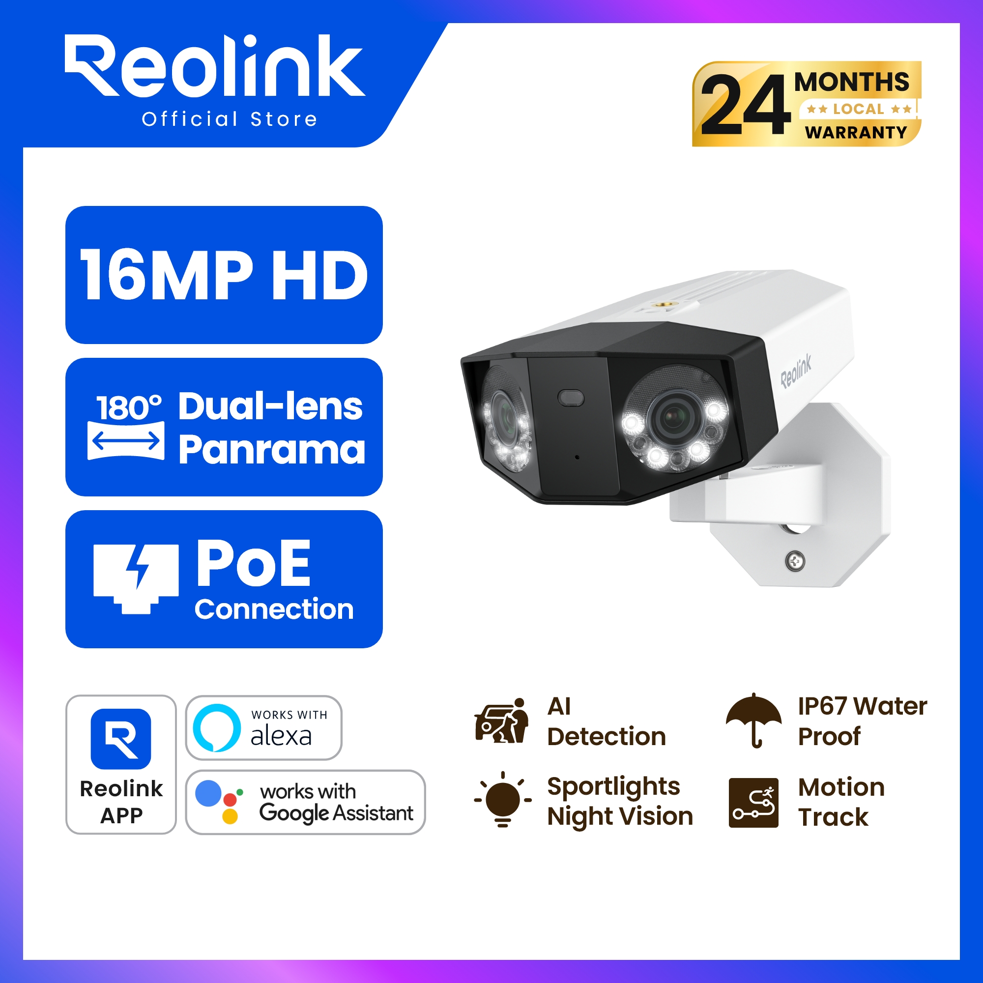 Reolink Duo 3 PoE Dual Lens Cctv Camera 16Mp Uhd Crystal Clear |   180 Degree Panoramic Wide Angle ° |   Motion Tracking Motion Track |   Night Color Image F1.6 |   Record 24 Hours. |   Waterproof Exterior