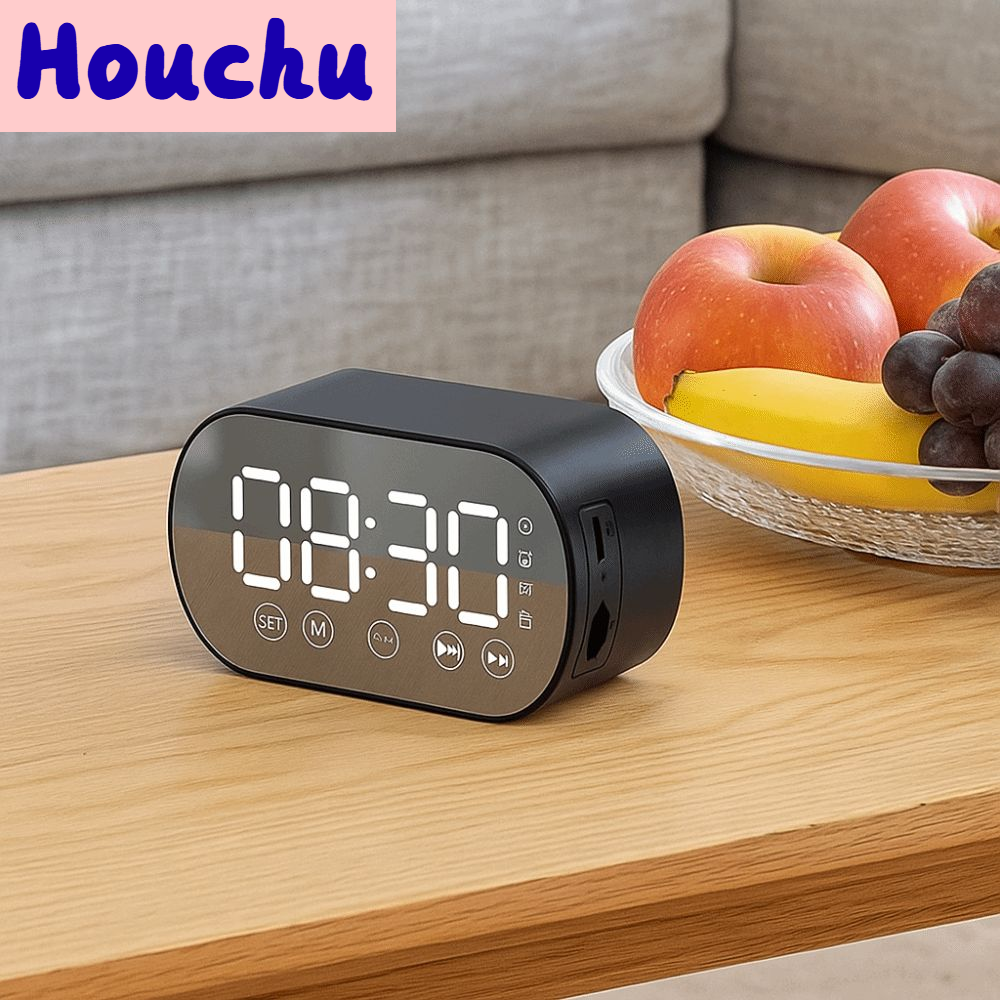 HOUCHU แบบพกพา นาฬิกาปลุกดิจิตอล LED บลูทูธไร้สาย ชาร์จใหม่ได้ นาฬิกาปลุก วิทยุเอฟเอ็ม จอแสดงผลกระจก HD ลำโพงบลูทูธ ข้างเตียง