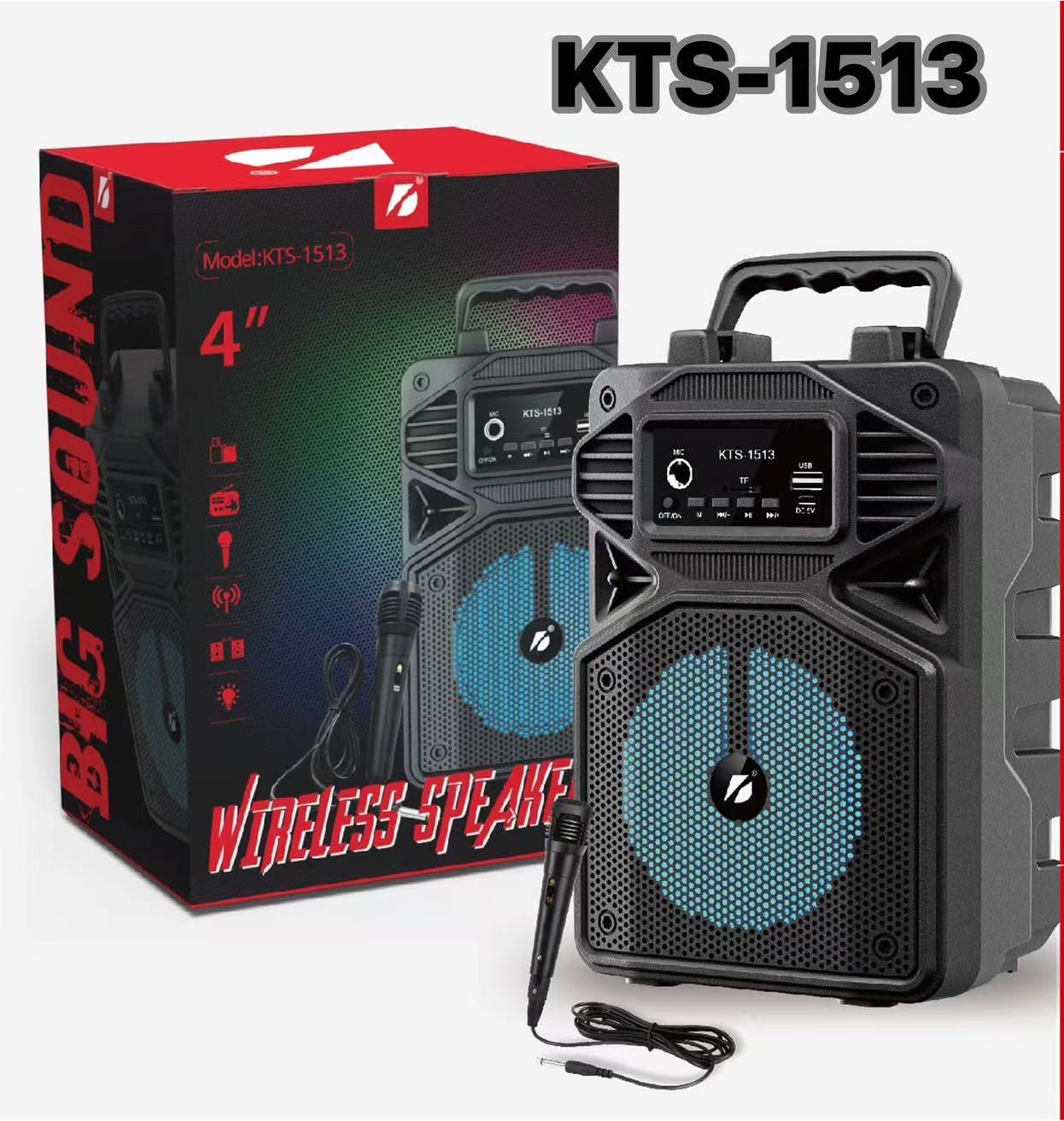 Bluetooth Speaker Kts-1513, Comes with a Wired Microphone, 4-Inch Speaker, Supports USB Tf, Can Connect to 2 Devices, Can Hold a Mobile Phone, Output Power 5W, Good Sound, Wireless Bluetooth Speaker, Easy to Carry.