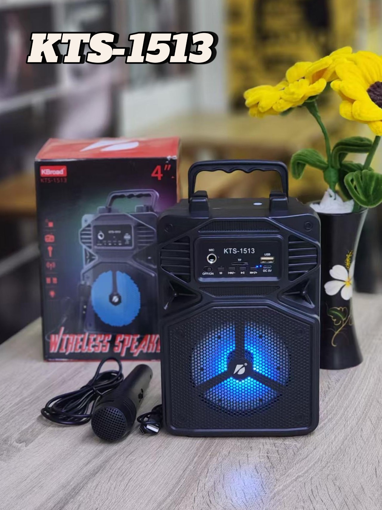 Bluetooth Speaker Model Kts-1513, Free Wired Microphone, 4-Inch Speaker, Supports USB Tf, Can Connect to 2 Devices, Can Hold a Mobile Phone, Output Power 5W, Frequency Response Range 100Hz-20Khz, Good Sound, Easy to Carry, Wireless Bluetooth Speaker.