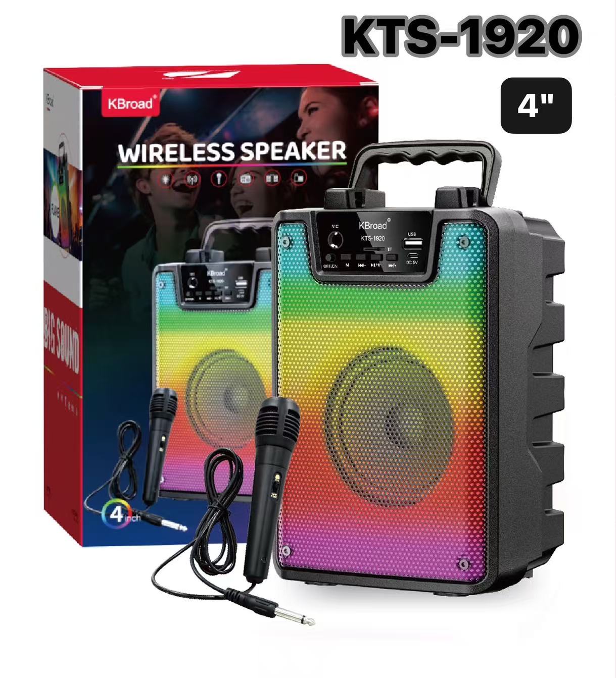 Bluetooth Speaker Kts-1920, Free Floating Microphone, 4-Inch Speaker, 5W Output Power, Supports USB Tf, Has a Mobile Phone Holder, Has a Handle, Can Turn the Light On/Off, Can Adjust the Sound, Wireless Speaker.