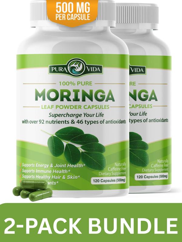 Bottle care2-Pack Moringa Powder Capsules Organic - Pura Vida  Moringa Leaf. Energy, Metabolism, & Immune Support. 120ct. 500mg Caps. Supplement HealthcareBottle care