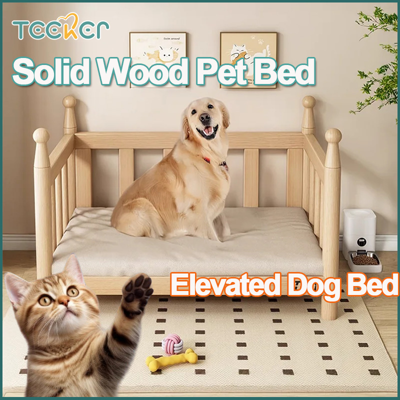 Teeker Pet โครงเตียงสุนัขไม้สำหรับสุนัข กรงแมวพร้อมรั้วและเบาะนุ่ม ขาตั้งเตียงสุนัข เหมาะสำหรับสุนัขขนาดเล็ก สไตล์โมเดิร์น กันน้ำ ทำความสะอาดง่าย